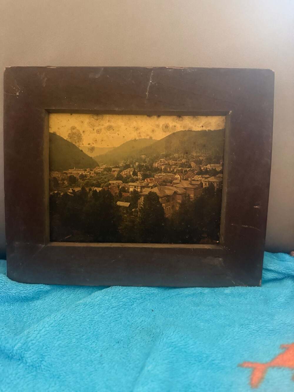 Antique Framed Sepia Photograph of European Mountain Town Valley